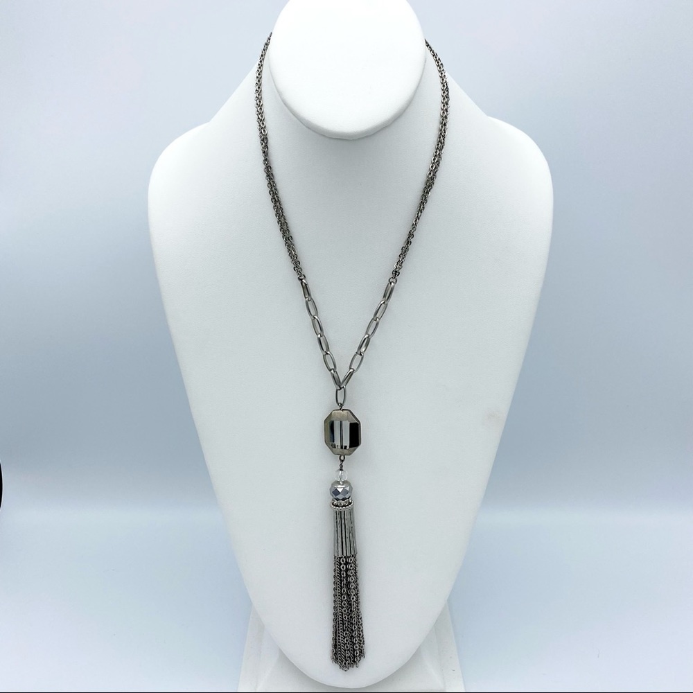 LOFT Silver T Tassel Rhinestone Statement Necklace